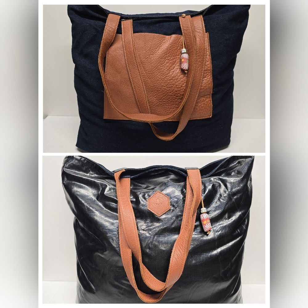 MOCAH Design Reversible Denim And Leather Boho Hippie Tote Bag